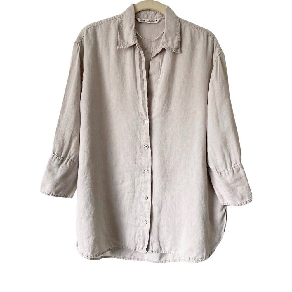 Zara V Neck Button Front Collared in Mid Mink Shirt Top Small